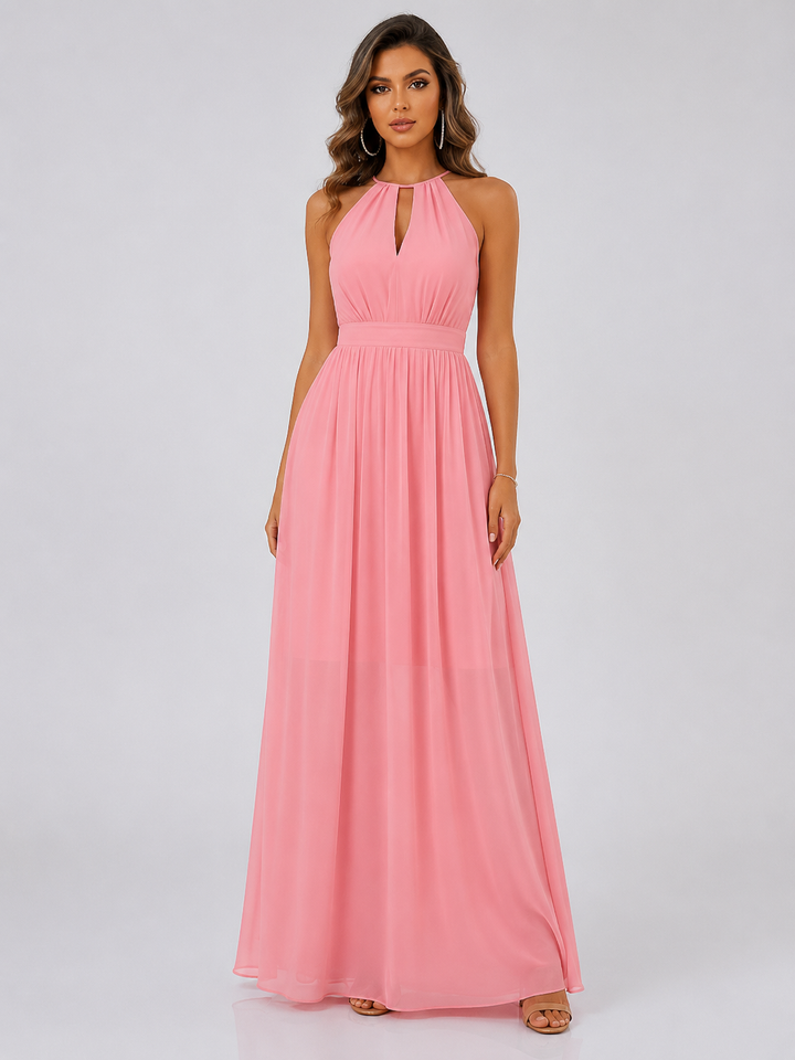 Pink Pleated Halter Maxi Dress