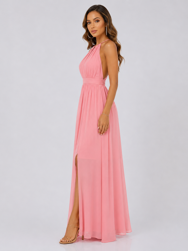Pink Pleated Halter Maxi Dress