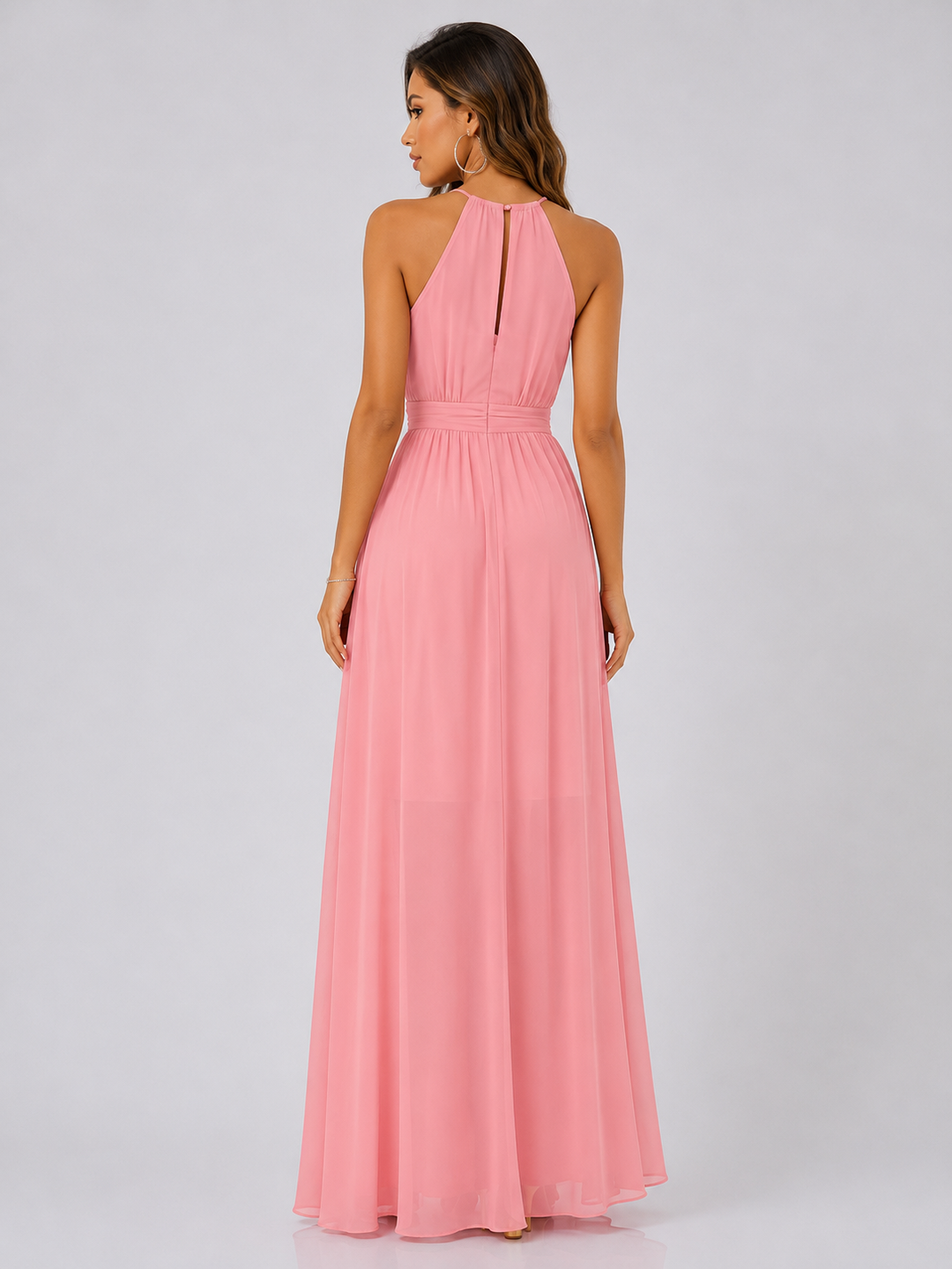 Pink Pleated Halter Maxi Dress