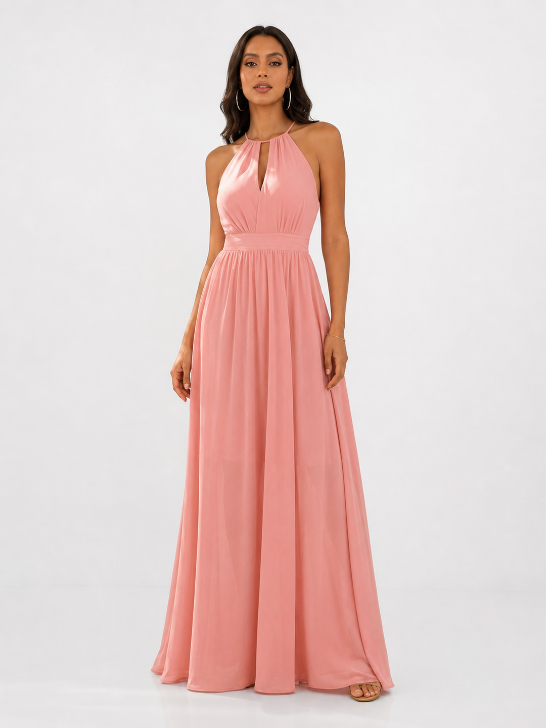 Pink Pleated Halter Maxi Dress