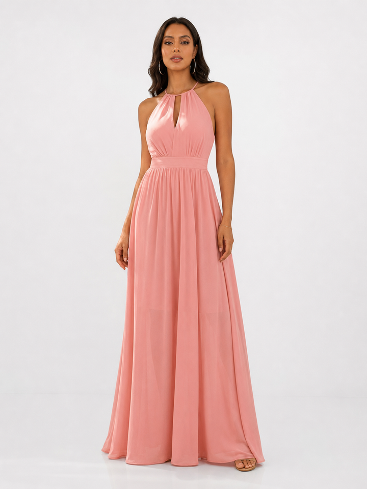 Pink Pleated Halter Maxi Dress