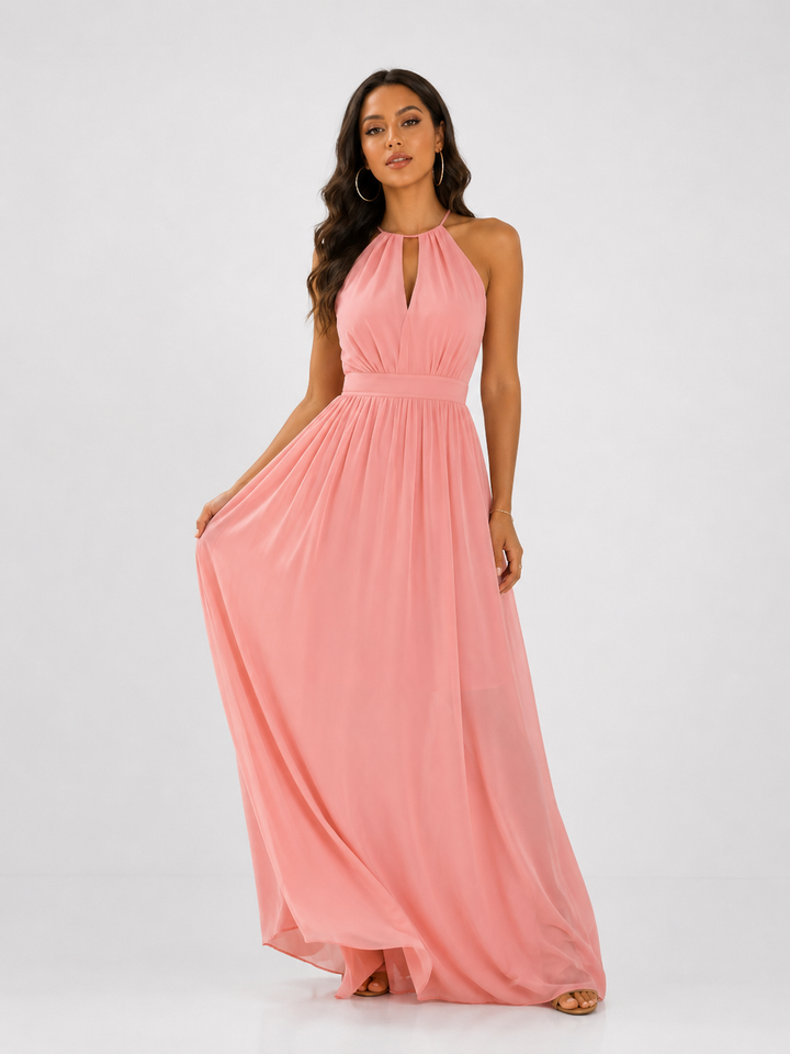Pink Pleated Halter Maxi Dress