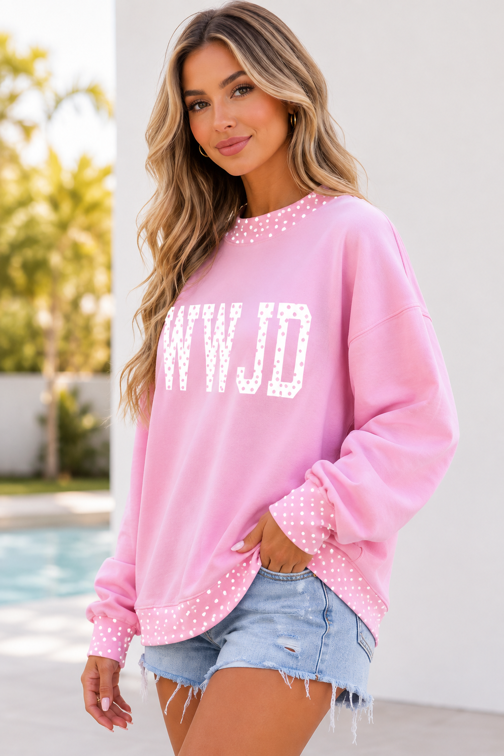 Polka Dot Letter Print Mock Neck Pullover Sweatshirt