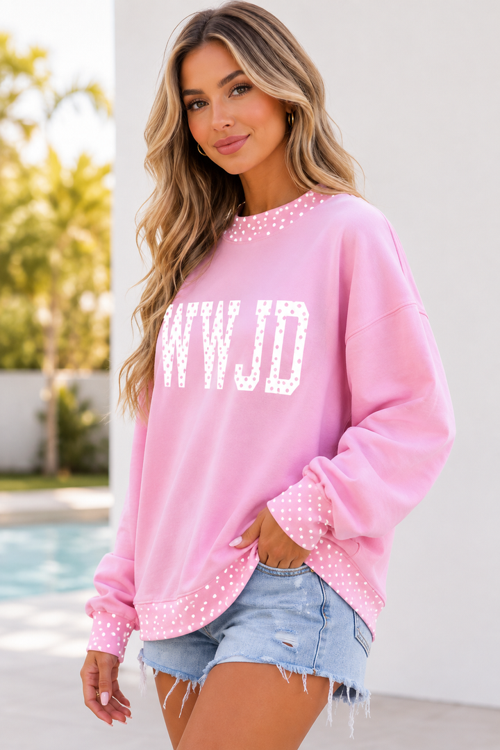 Polka Dot Letter Print Mock Neck Pullover Sweatshirt