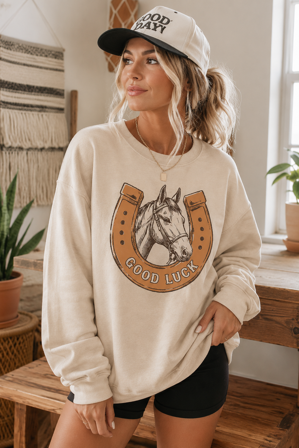 GOOD LUCK Western Horse Print Oversized Pullover Sweatshirt
