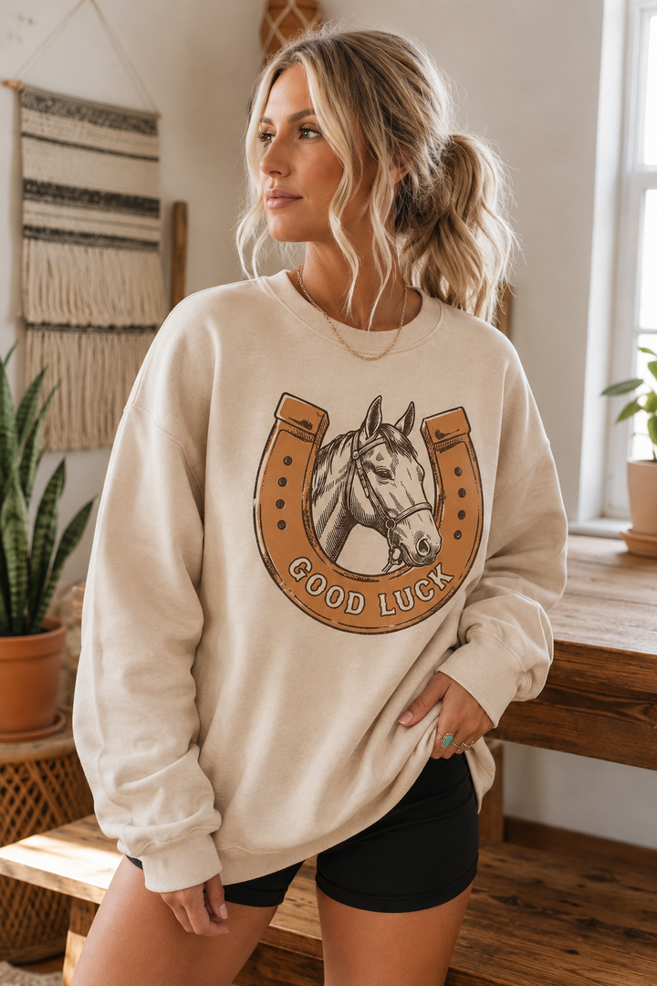 GOOD LUCK Western Horse Print Oversized Pullover Sweatshirt