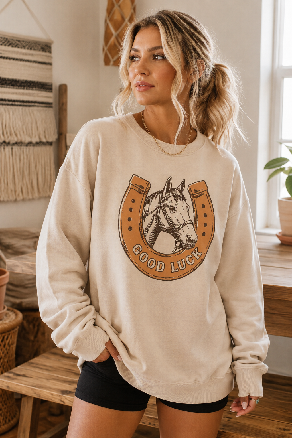 GOOD LUCK Western Horse Print Oversized Pullover Sweatshirt