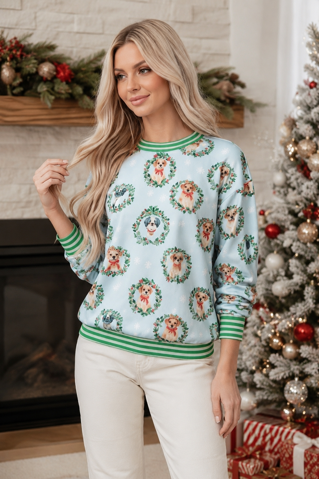 Abstract Dog Print Ribbed Cuff Round Neck Long Sleeve Sweatshirt