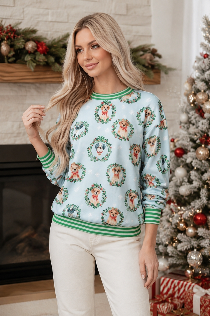 Abstract Dog Print Ribbed Cuff Round Neck Long Sleeve Sweatshirt