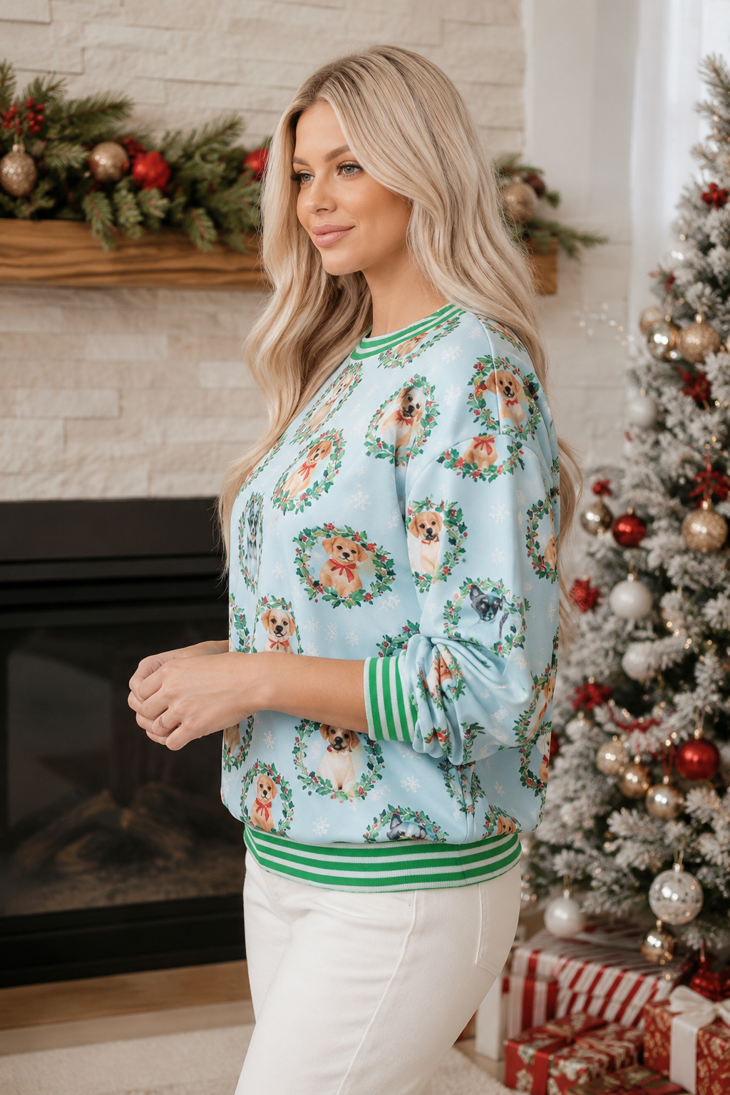 Abstract Dog Print Ribbed Cuff Round Neck Long Sleeve Sweatshirt