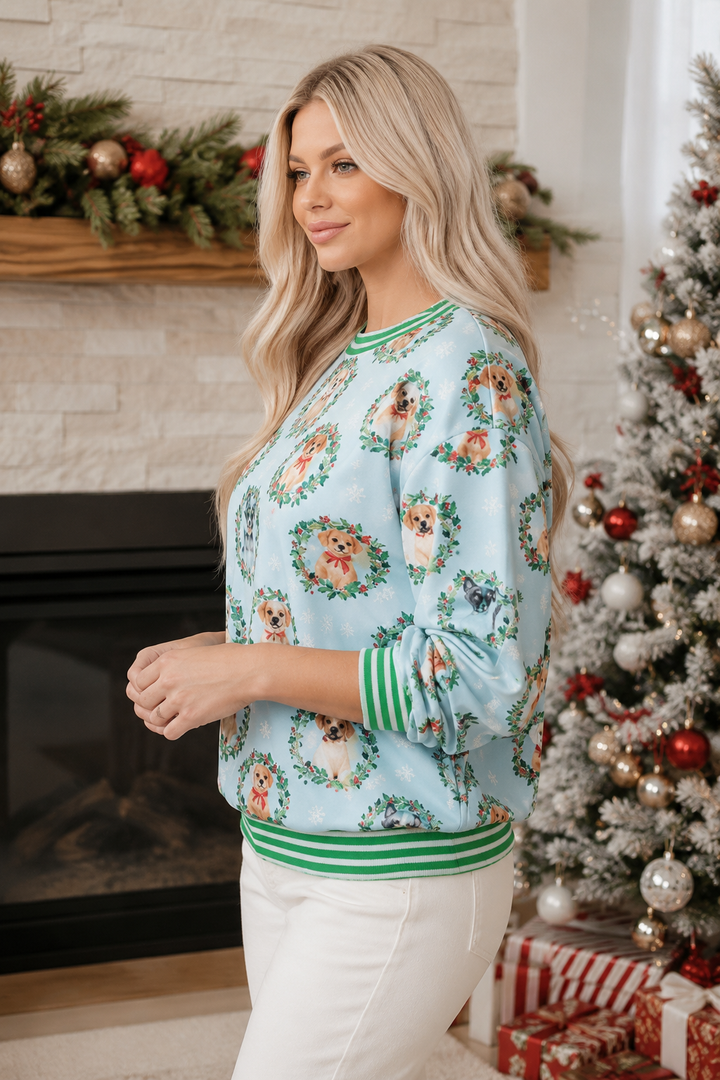 Abstract Dog Print Ribbed Cuff Round Neck Long Sleeve Sweatshirt