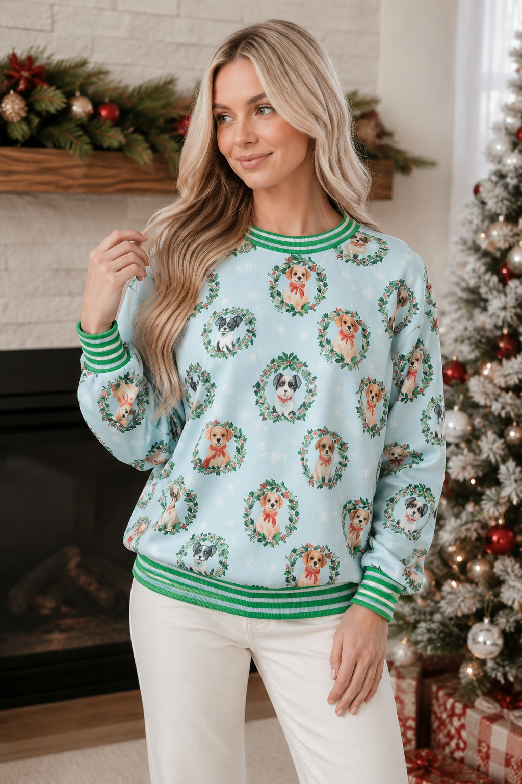 Abstract Dog Print Ribbed Cuff Round Neck Long Sleeve Sweatshirt