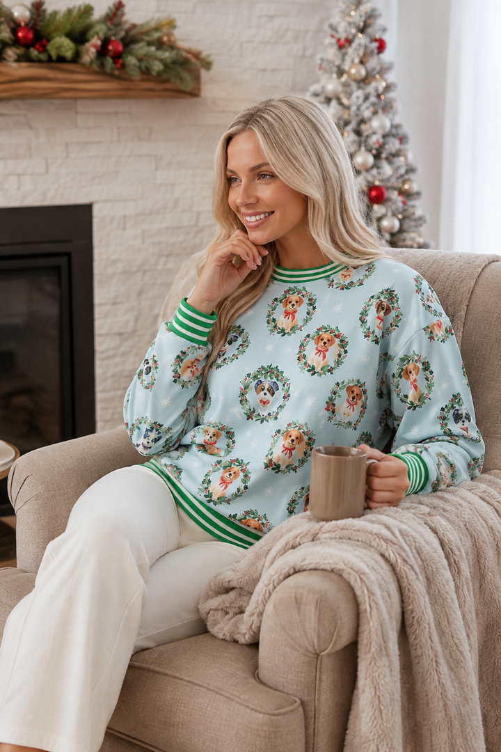 Abstract Dog Print Ribbed Cuff Round Neck Long Sleeve Sweatshirt
