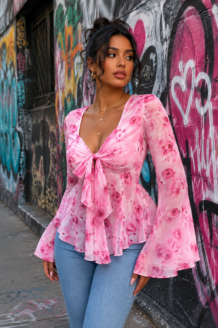 Floral Print Tie Front Flare Sleeve Chiffon Blouse