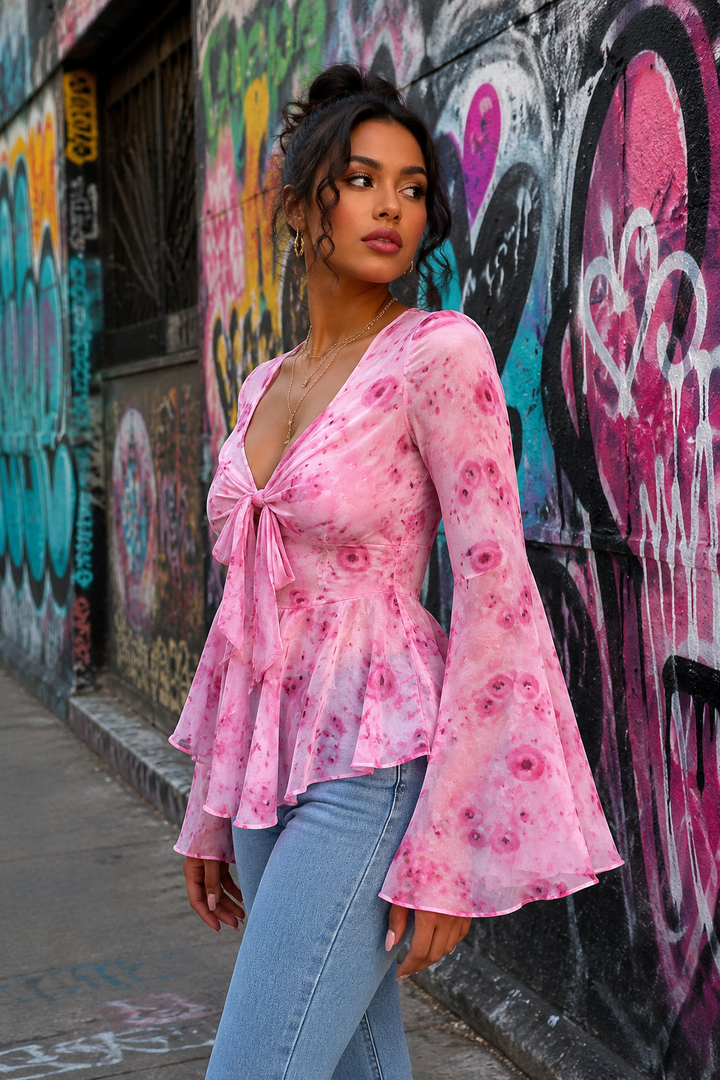 Floral Print Tie Front Flare Sleeve Chiffon Blouse