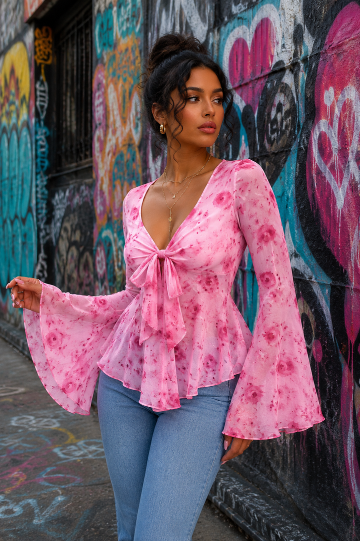 Floral Print Tie Front Flare Sleeve Chiffon Blouse