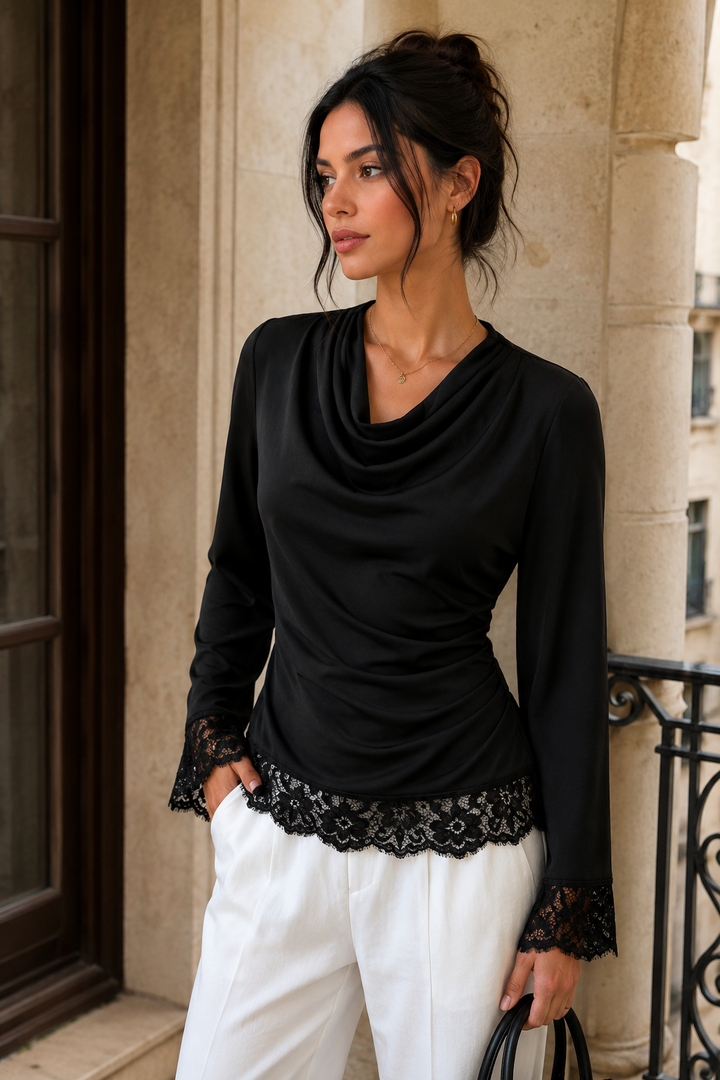 Lace Trim Cowl Neck Blouse