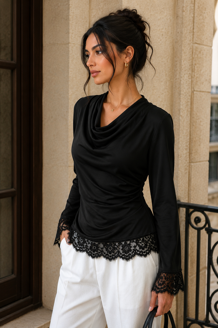 Lace Trim Cowl Neck Blouse