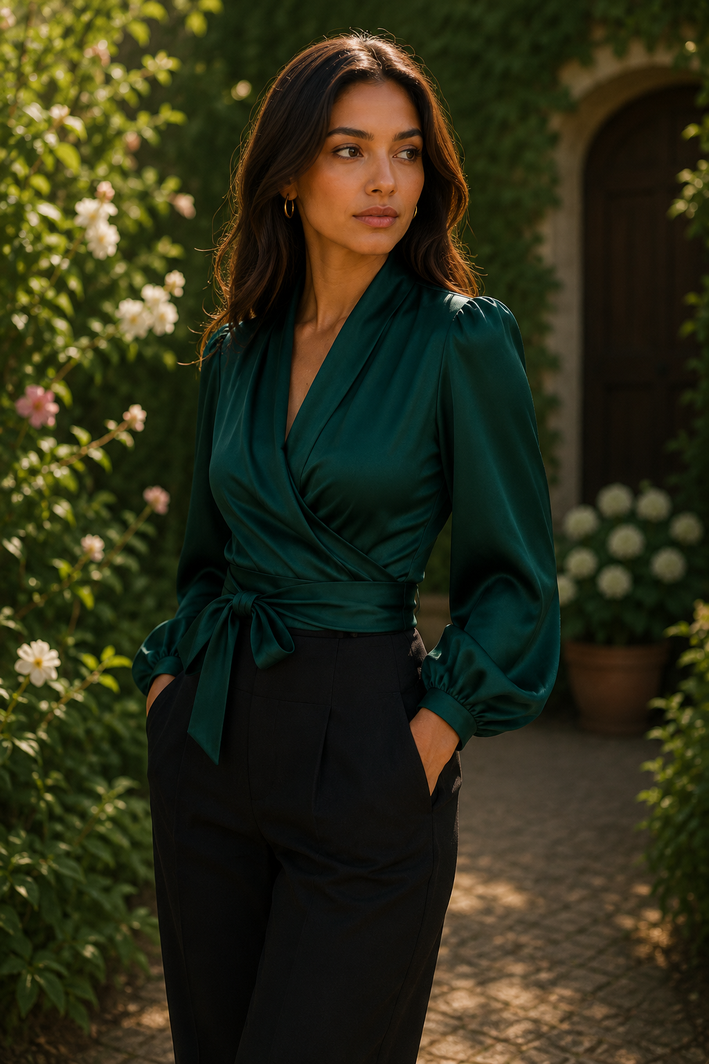 Elegant Wrap Blouse with Bow Detail