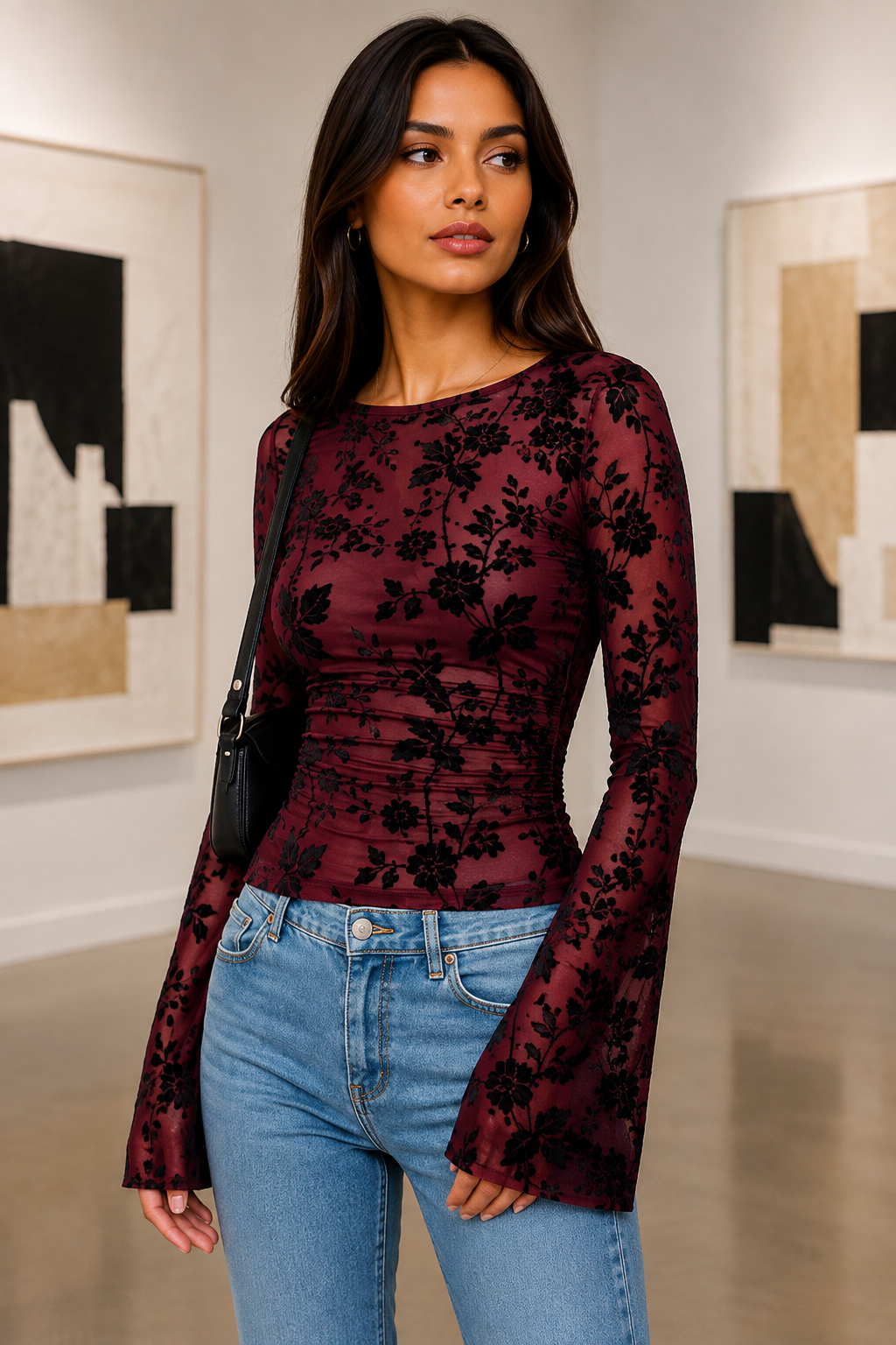 Slim Fit Floral Print Long Sleeve Blouse