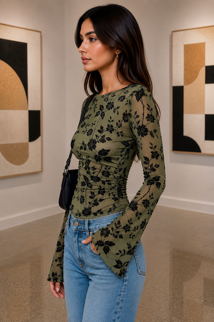 Slim Fit Floral Print Long Sleeve Blouse