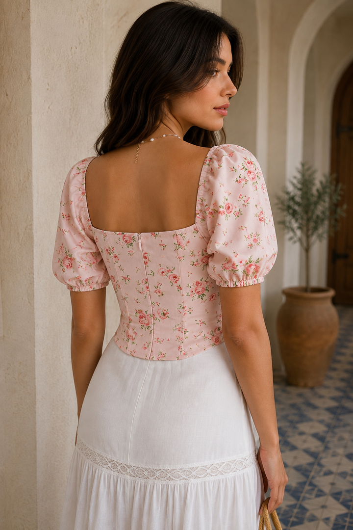 Floral Print Tie Front Puff Sleeve Blouse