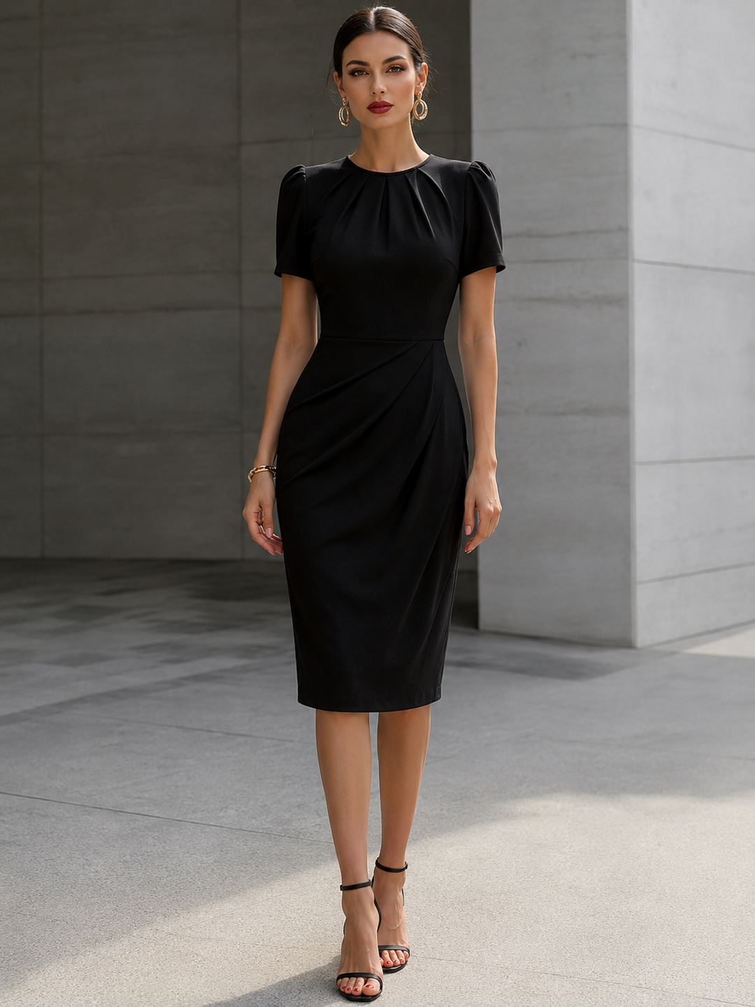 Ruched Short Sleeve Midi Dress