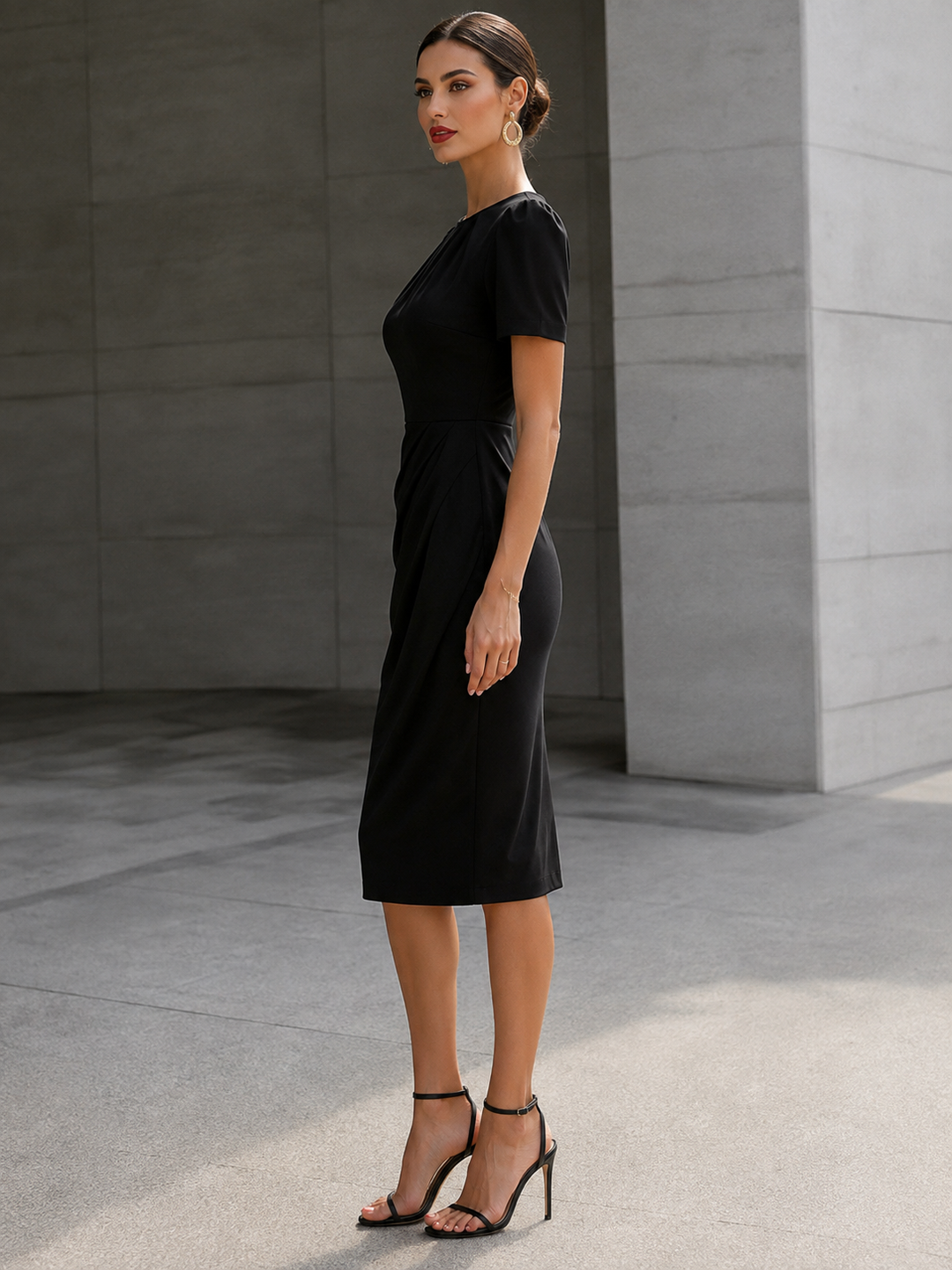 Ruched Short Sleeve Midi Dress