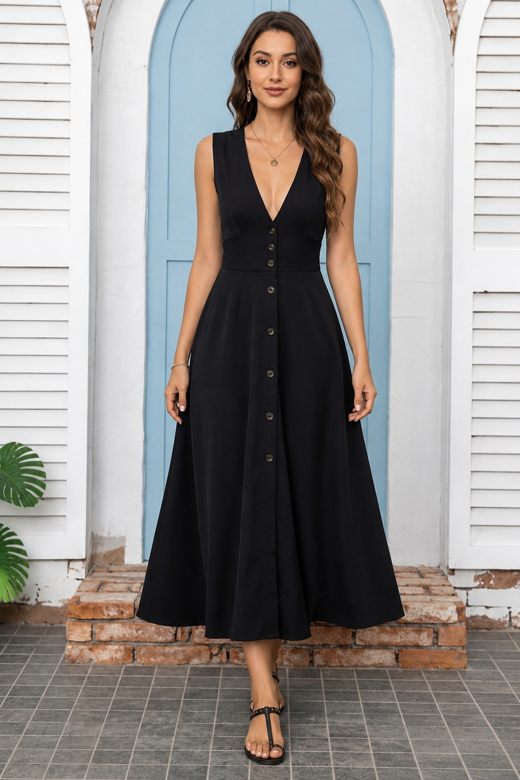 Slit V-Neck Sleeveless Midi Dress