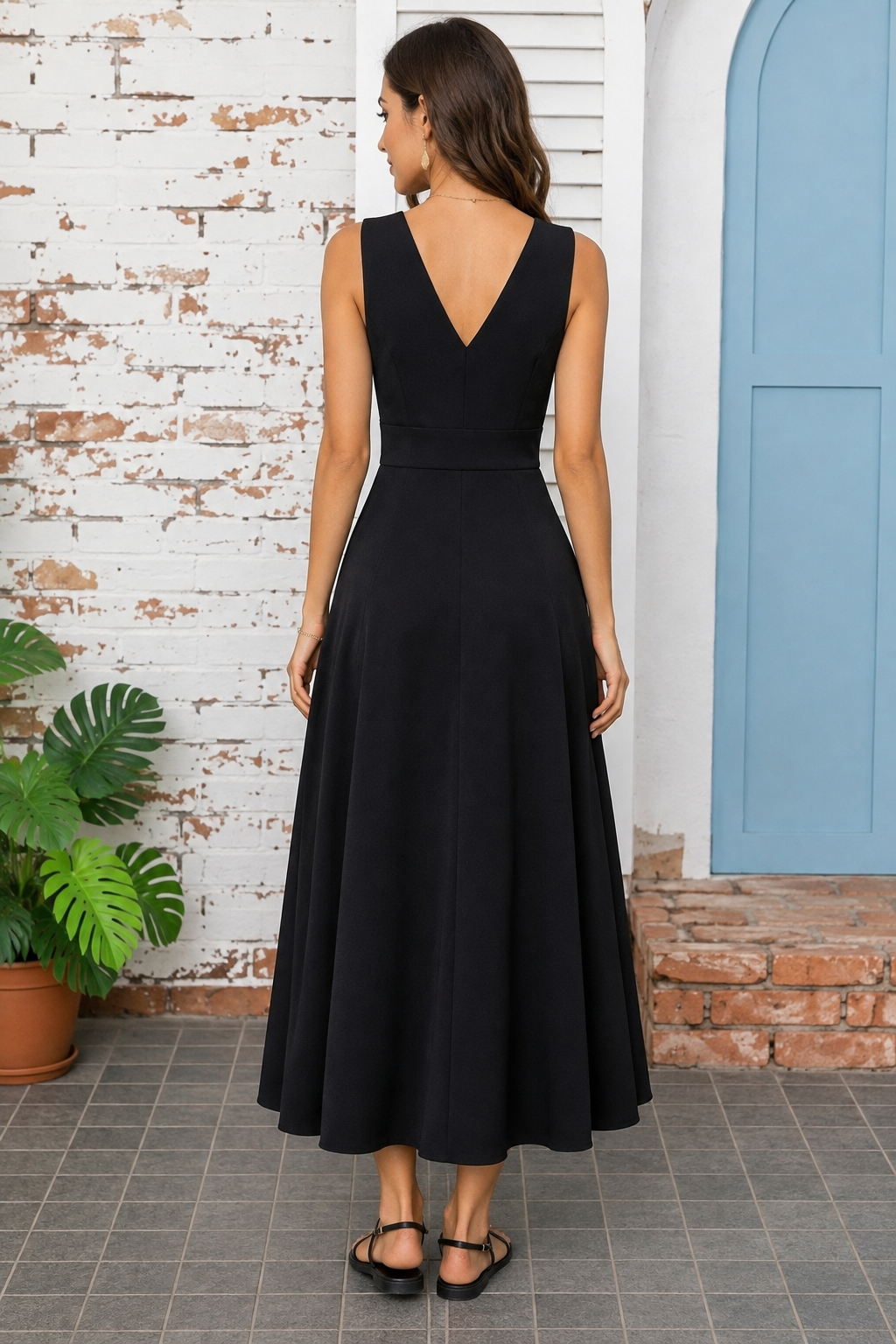 Slit V-Neck Sleeveless Midi Dress