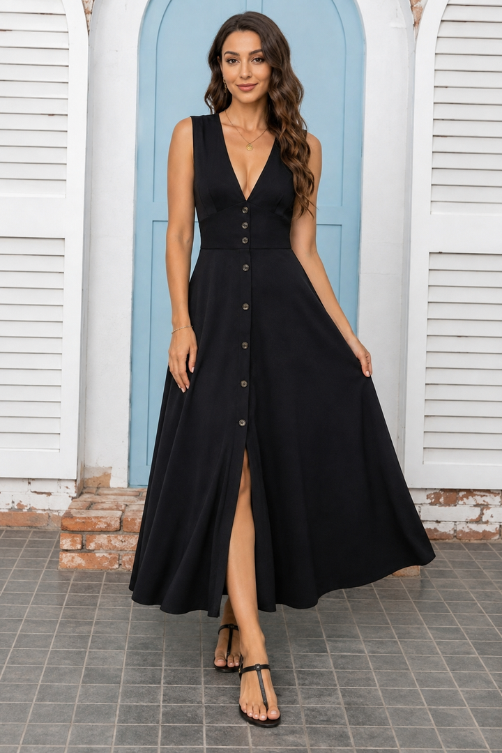 Slit V-Neck Sleeveless Midi Dress