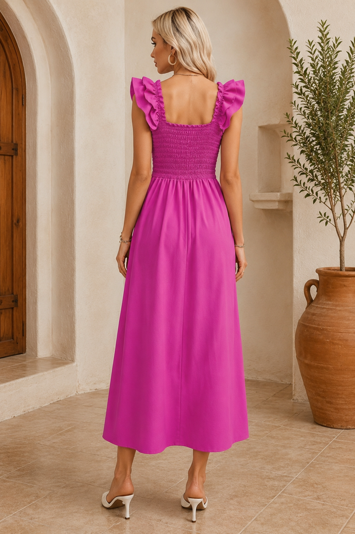 Smocked Ruffled Scoop Neck Midi Dress