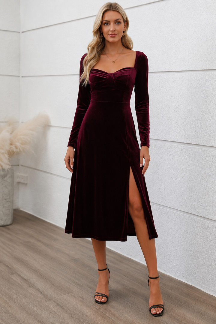 Sweetheart Neck Long Sleeve Midi Dress
