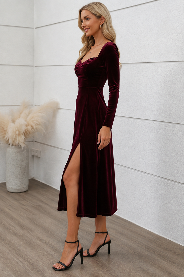 Sweetheart Neck Long Sleeve Midi Dress