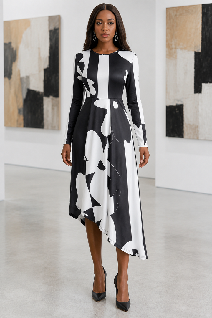 Abstract Asymmetric Midi Dress