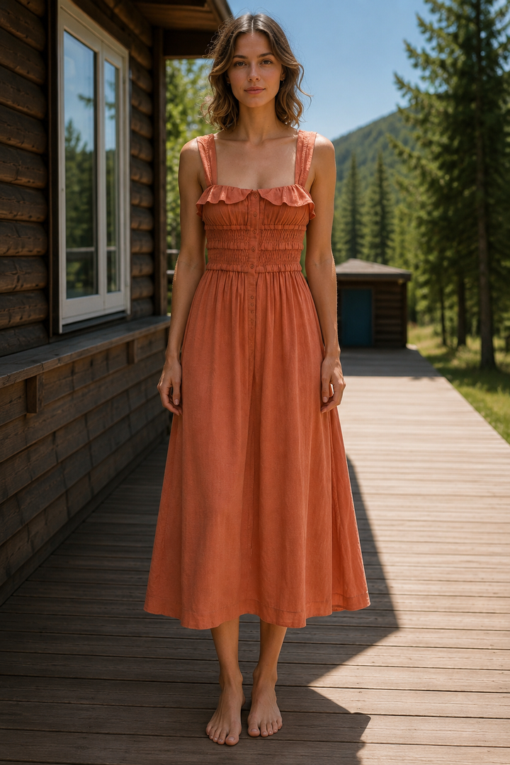 Frill Square Neck Wide Strap Midi Dress