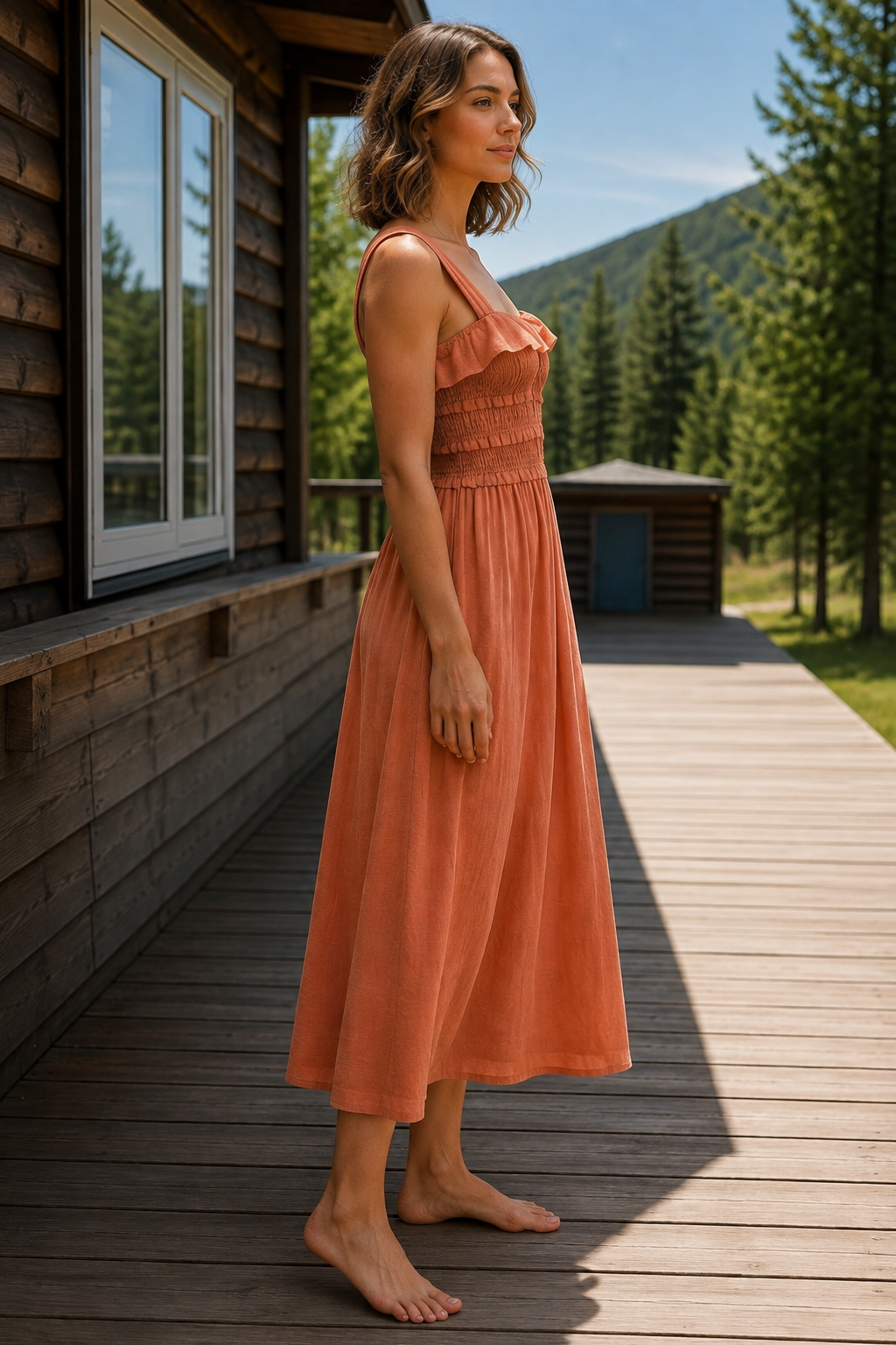 Frill Square Neck Wide Strap Midi Dress