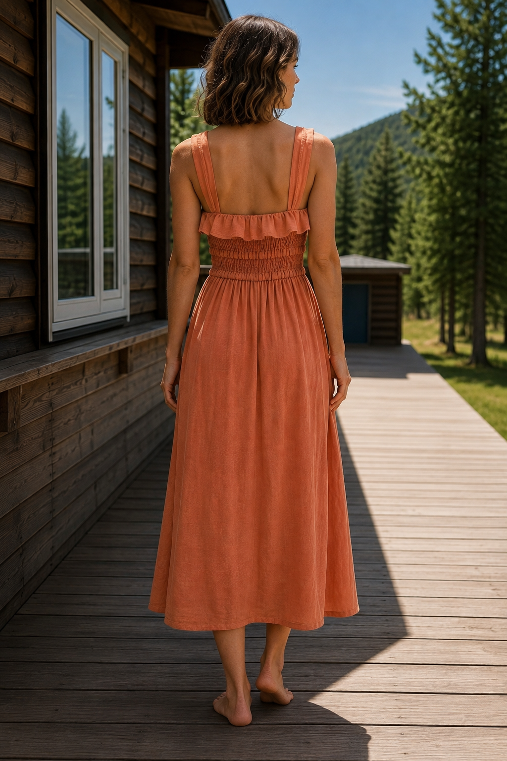 Frill Square Neck Wide Strap Midi Dress