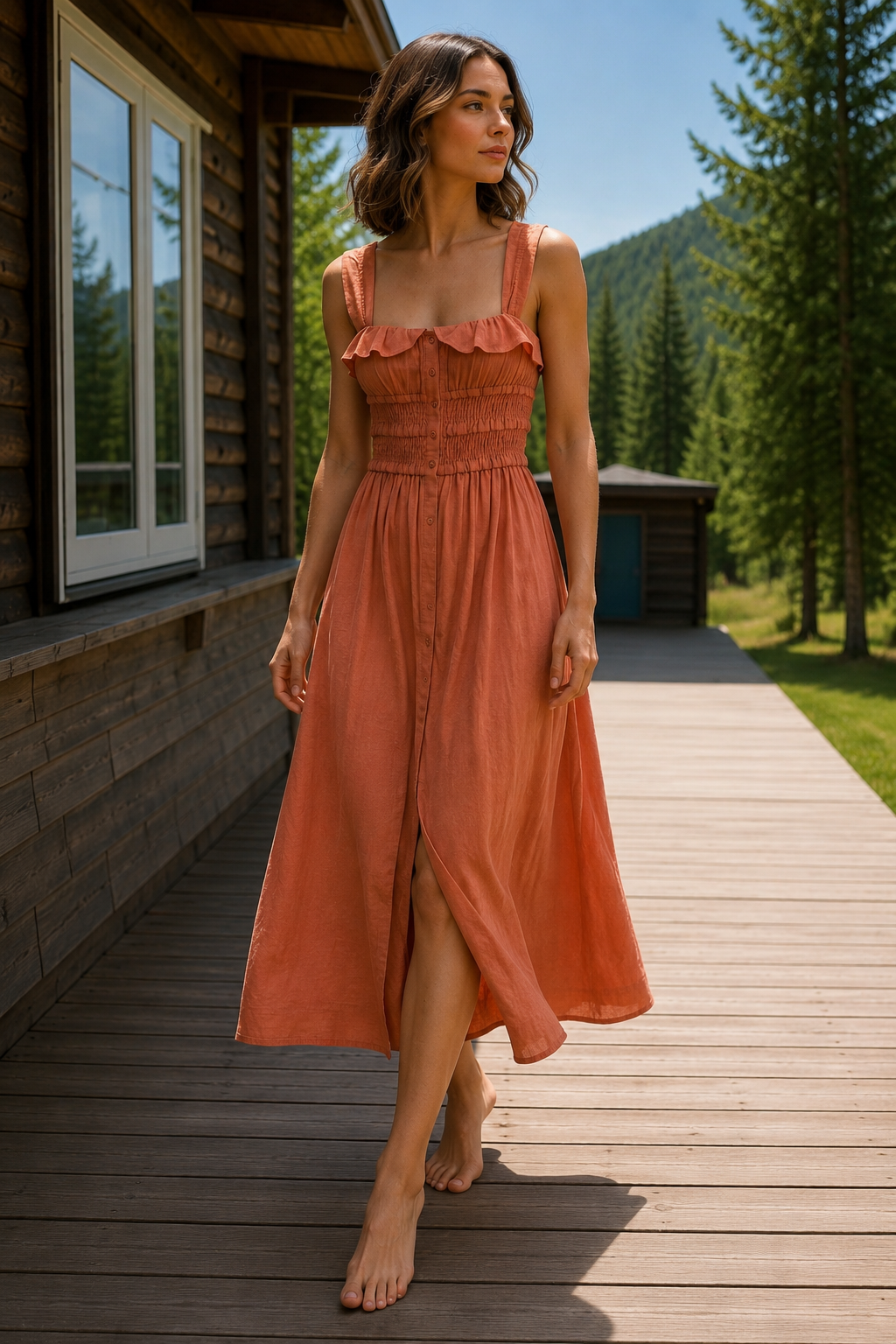 Frill Square Neck Wide Strap Midi Dress