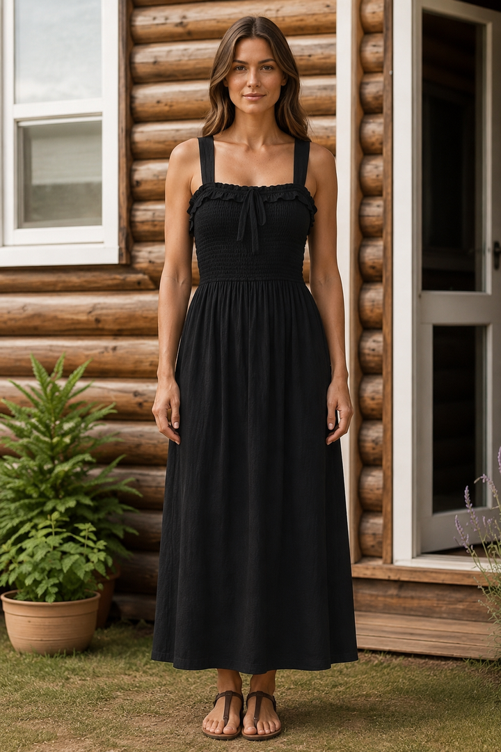 Frill Square Neck Wide Strap Midi Dress