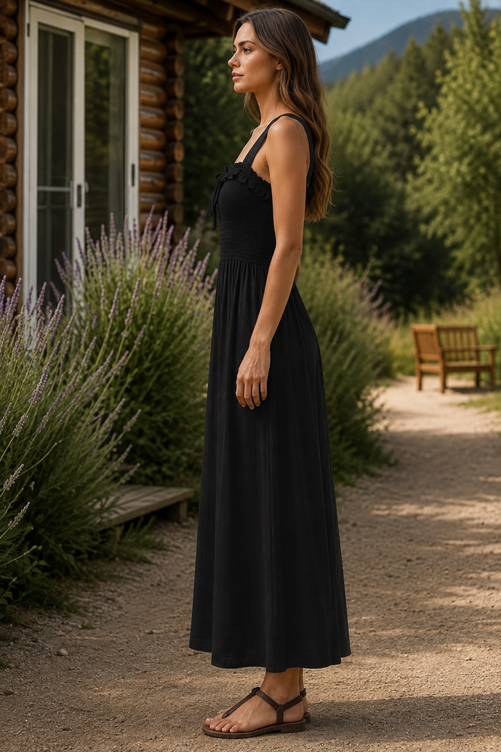 Frill Square Neck Wide Strap Midi Dress