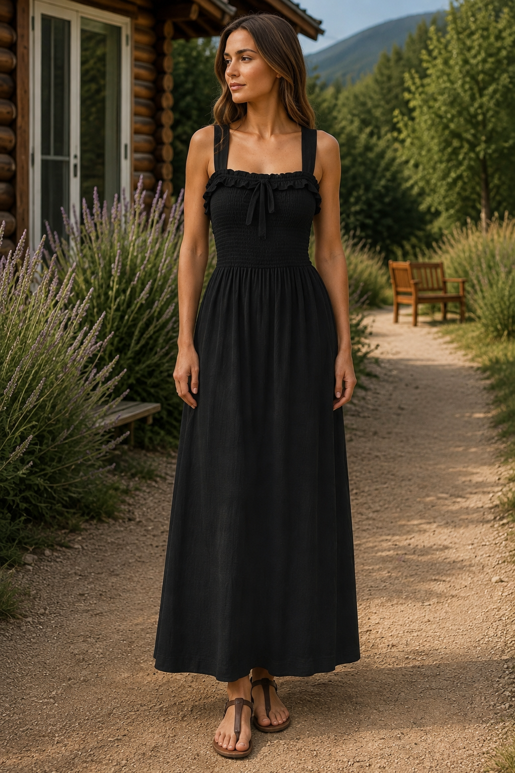 Frill Square Neck Wide Strap Midi Dress