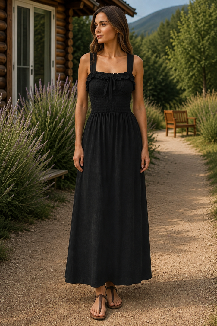 Frill Square Neck Wide Strap Midi Dress