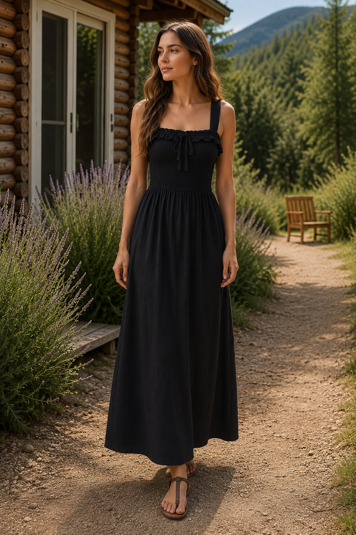 Frill Square Neck Wide Strap Midi Dress