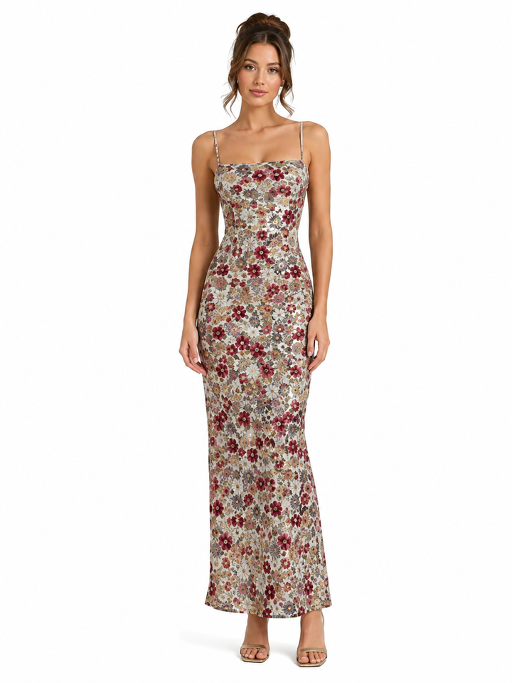 Floral Sequin Bodycon Slit Maxi Dress