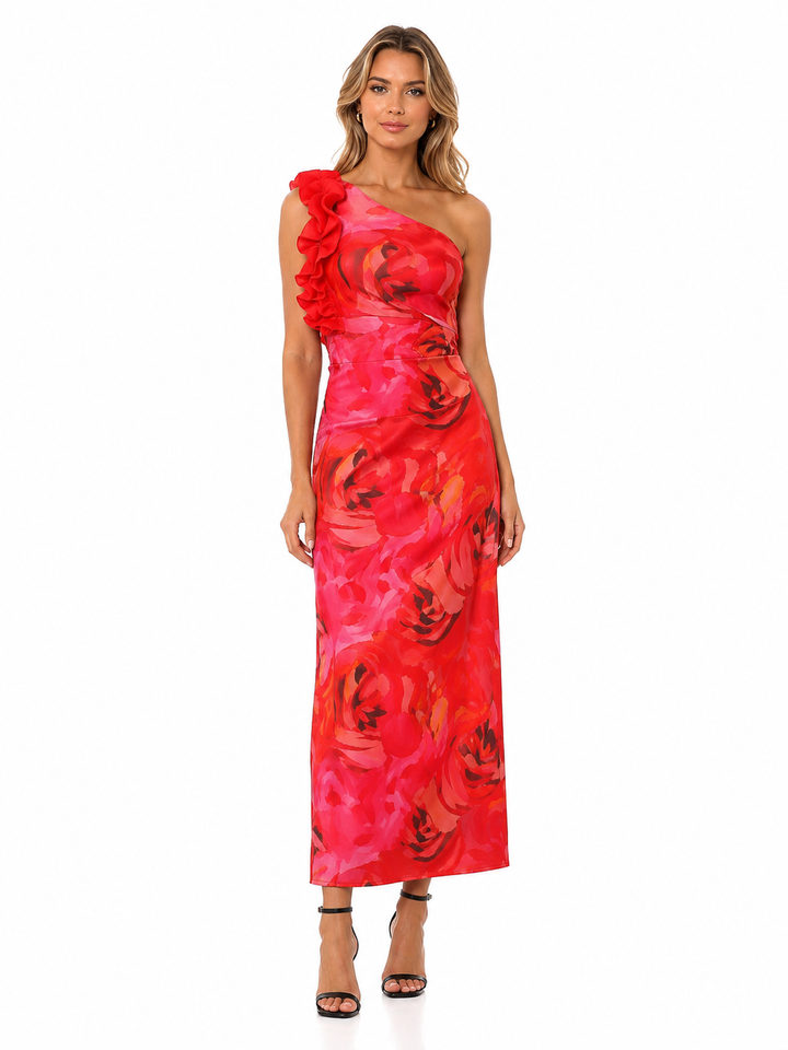 One Shoulder Floral Print Ruffle Trim Dress