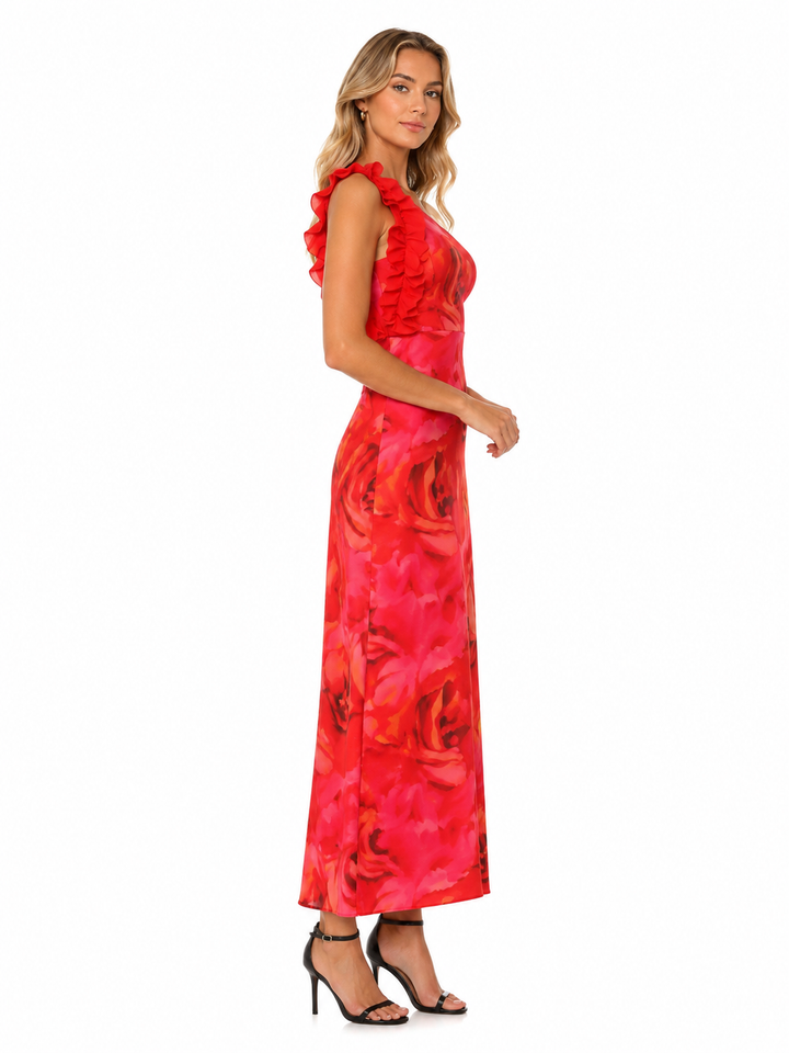 One Shoulder Floral Print Ruffle Trim Dress
