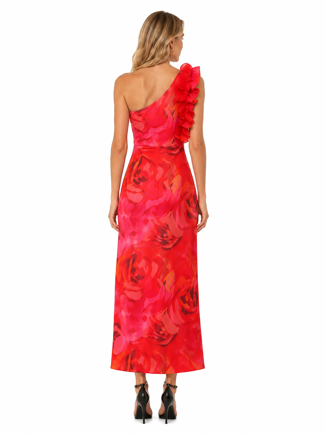One Shoulder Floral Print Ruffle Trim Dress