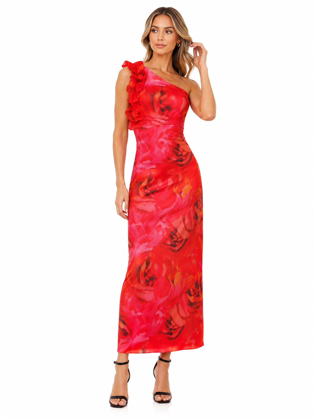 One Shoulder Floral Print Ruffle Trim Dress