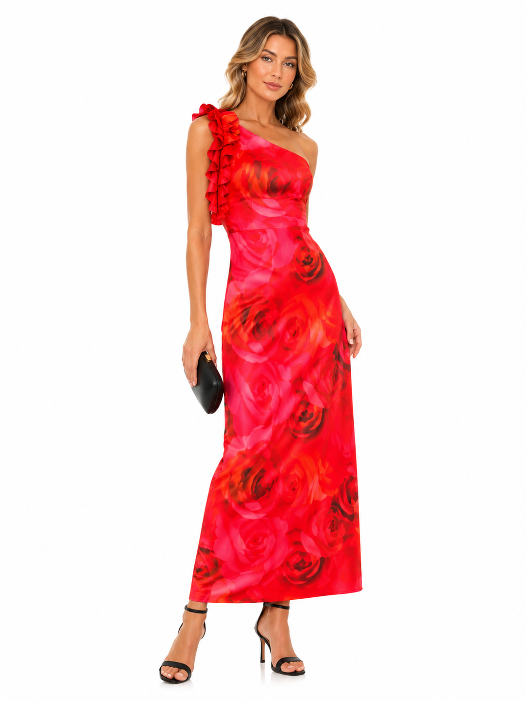 One Shoulder Floral Print Ruffle Trim Dress